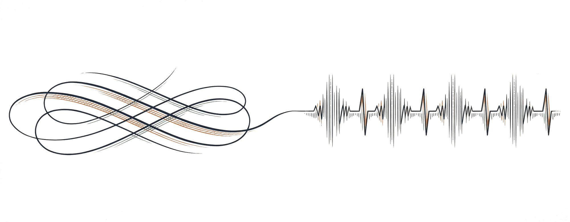 A quill flourish dissolving into a digital waveform