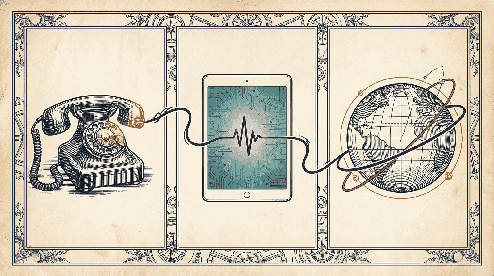 An engraved triptych tracing the progression of digital systems